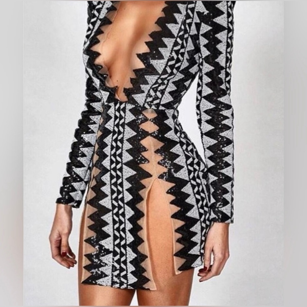 HOLIDAY DESIGNER JESSICA RICH SEQUIN BLACK AND WHITE SEXY MINI DRESS SIZE S